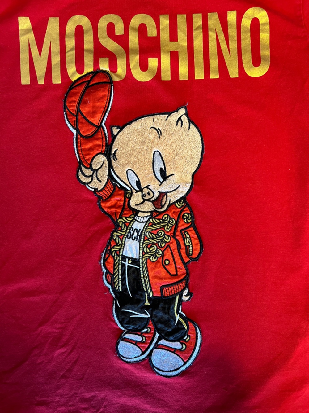 Moschino Couture Porky Pig Graphic T-Shirt Red Gold Logo Designer Tee Large - Picture 2 of 6